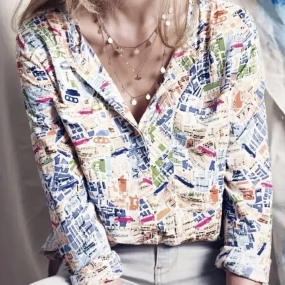 Maeve Anthropologie Top Cartography London Map Print Button Down Top Size 14